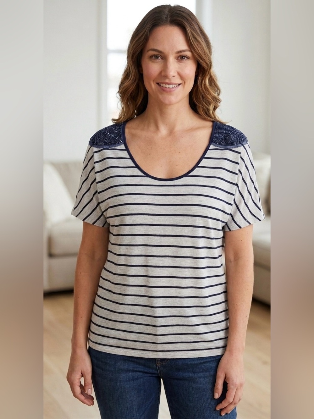 A.N.A. (A New Approach) Bead Embellished Blue Striped Top